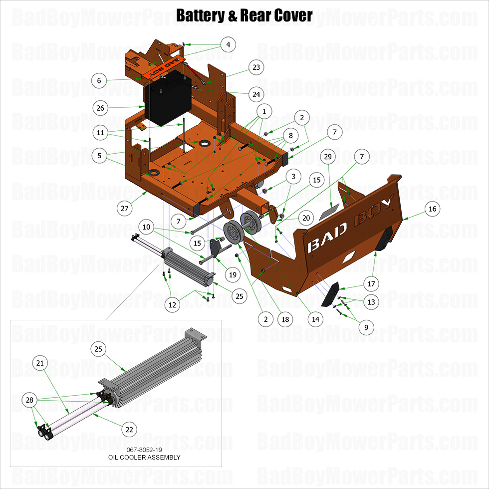 3869 - Bad Boy Mower Parts Lookup > 2025 > Renegade - Gas > Battery & Rear Cover